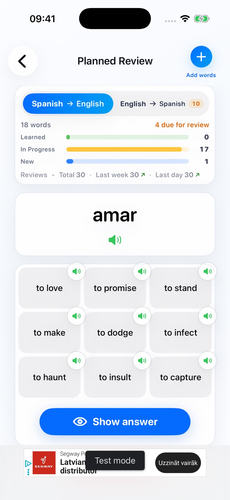 Lexyngoo planned review screen with answer choices and audio buttons