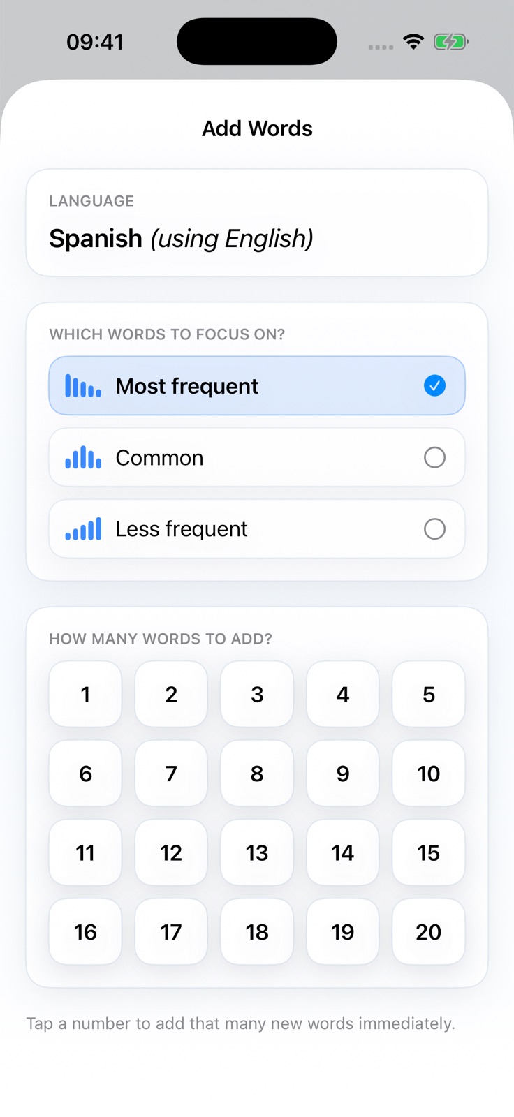Lexyngoo add words screen with frequency and word count choices